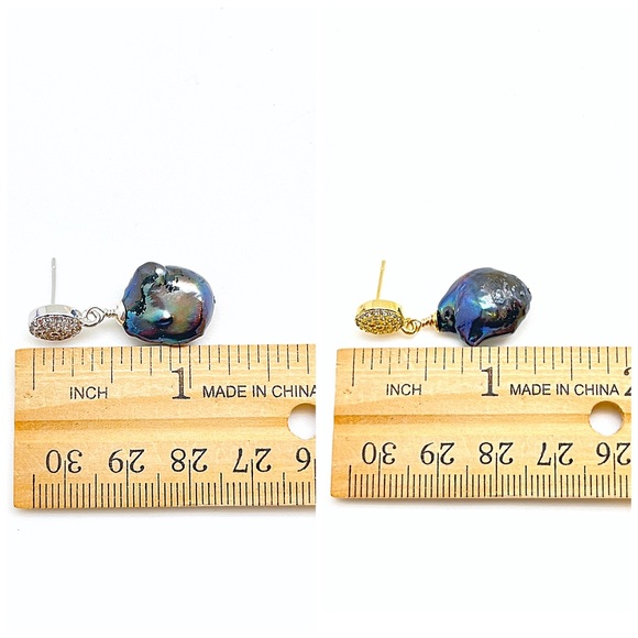 CZ Baroque Black Peacock Pearl Stud Dangles, Gold or Silver, Ships in Gift Box - Picture 10 of 10